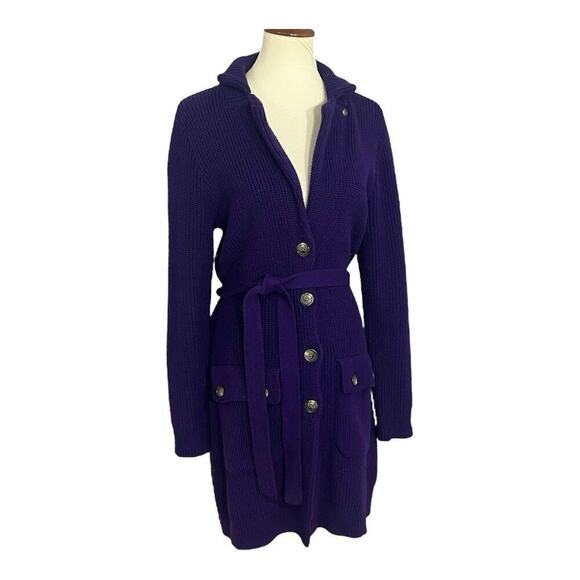 Ralph Lauren Preppy Purple Ribbed Long Cardigan Knit Sweater Belt Pockets Cotton - Picture 1 of 12